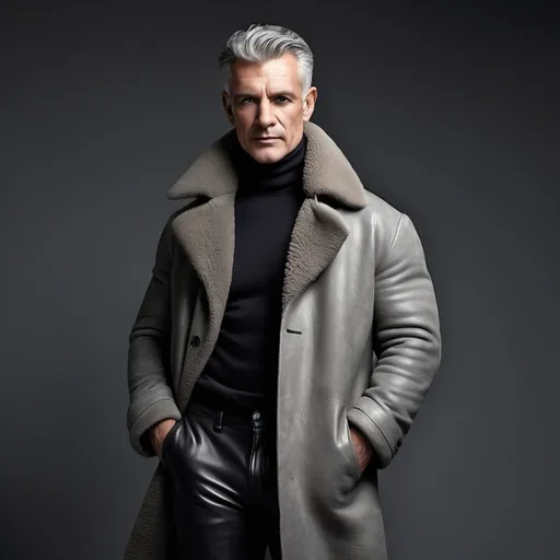 Prompt: A sportiv and muscular 45 year european men with grey military hair cut wearing black cashmere turtleneck pullover, a leather pant and an open hip length grey sheep skin coat