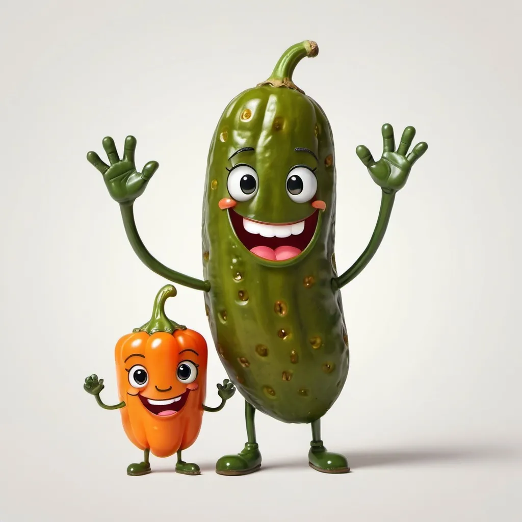 Prompt: a pickle and a habanero pepper with a smiling face with arms and legs
