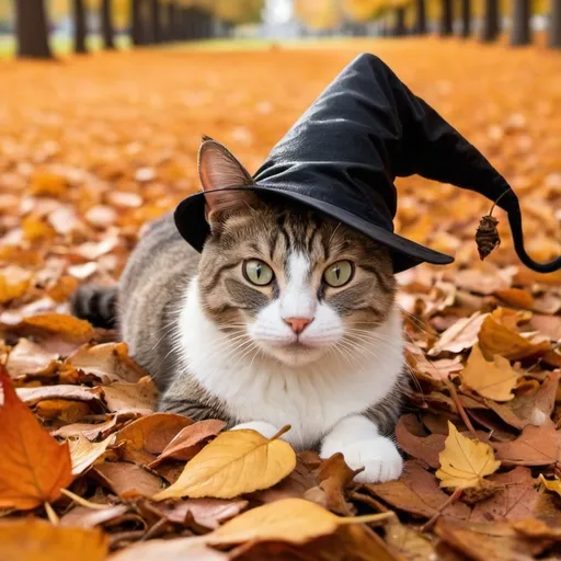 Prompt: fall season leaves falling to the ground and a cat with a witches hat on
