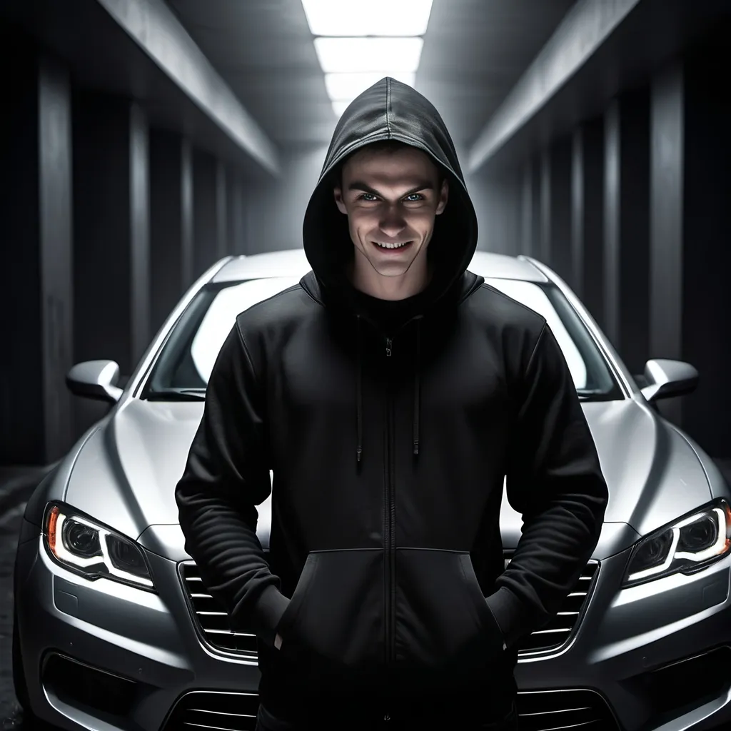 Prompt: (Design a book cover), menacing villain smiling, widely grinning, dressed in a deep black hoodie, standing confidently beside a sleek car, creating an aura of danger, gray background enhancing tension, dramatic shadows casting ominous shapes on the wall, high contrast, cinematic atmosphere, (ultra-detailed), captivating and atmospheric design, inviting yet threatening vibe.