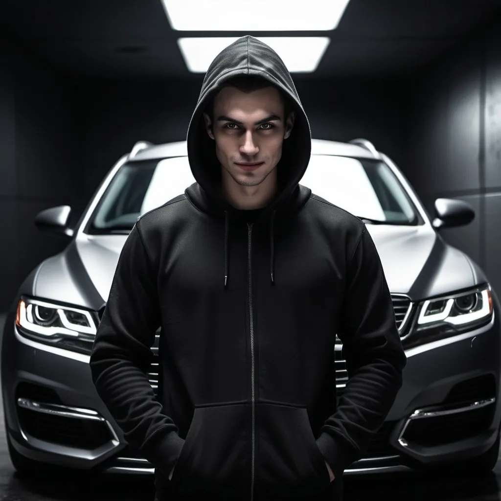 Prompt: (Design a book cover), menacing villain smiling, widely grinning, dressed in a deep black hoodie, standing confidently beside a sleek car, creating an aura of danger, gray background enhancing tension, dramatic shadows casting ominous shapes on the wall, high contrast, cinematic atmosphere, (ultra-detailed), captivating and atmospheric design, inviting yet threatening vibe.