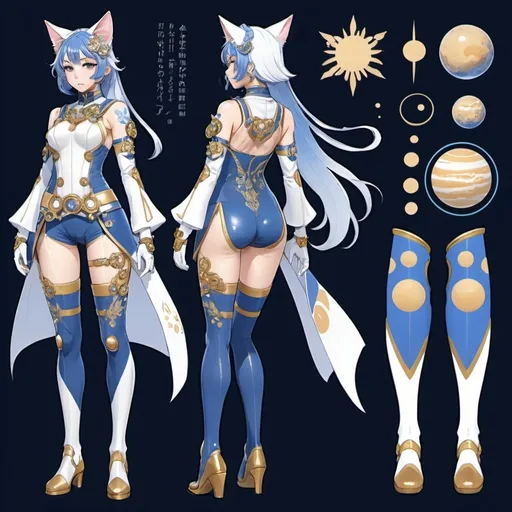 Prompt: Front and side view character design sheet ,futuristic fantasy nekomimi in the style of Honkai Star Rail, blue and gold color scheme, clothing embroidered with flower and planets, boots, thigh highs, kama and loin cloth connected to leotard,long coat, gloves, blue flower tattoos, blue katana with sheath on belt,detailed anime style 