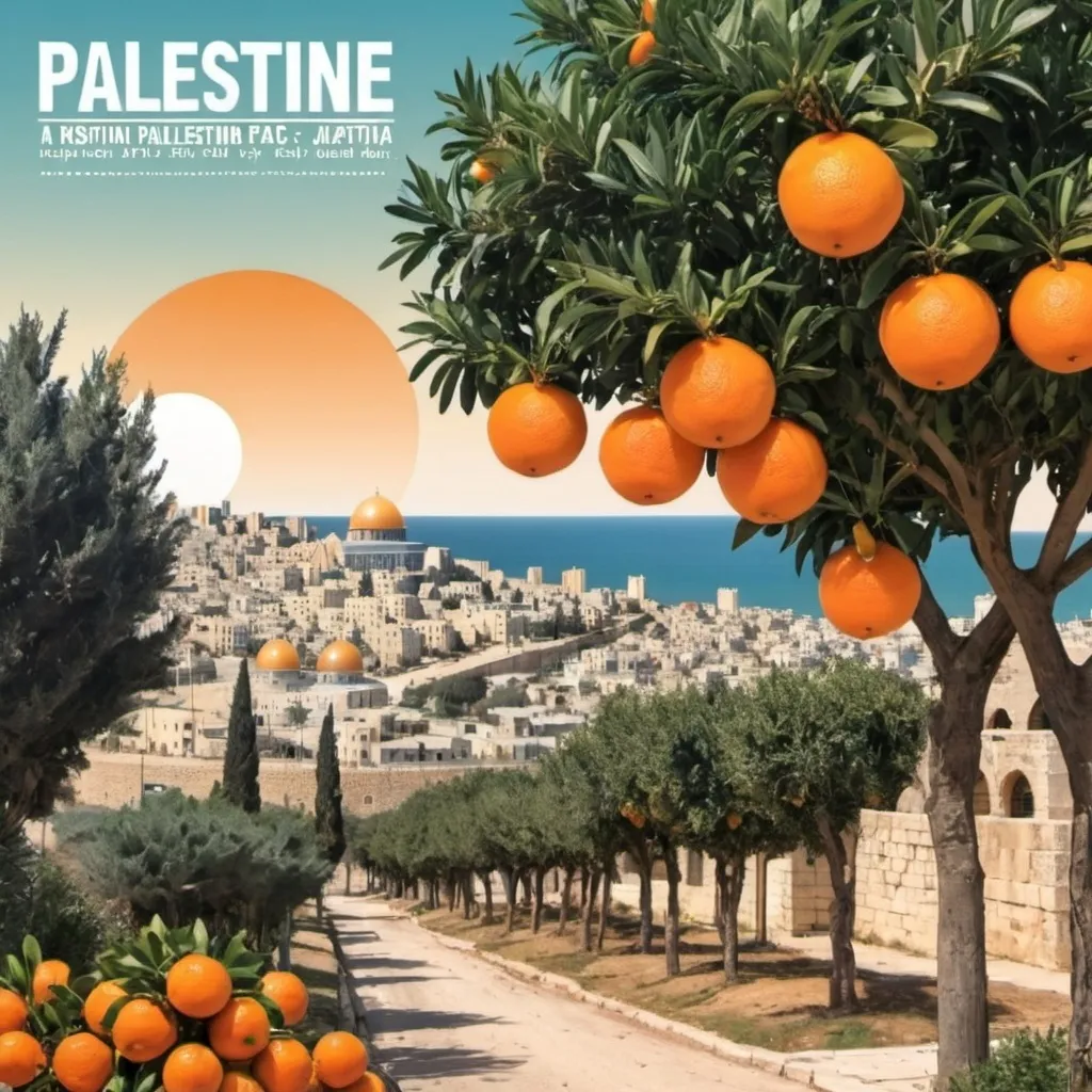 Prompt: a visit palestine poster with orange trees and the city of jaffa 
