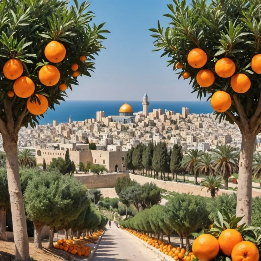 Prompt: a visit palestine poster with orange trees and the city of jaffa 
