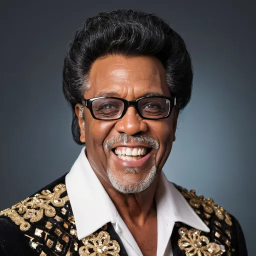 Prompt: 60 year old black man with glasses, Jerry curls, and big teeth dressed like Elvis 