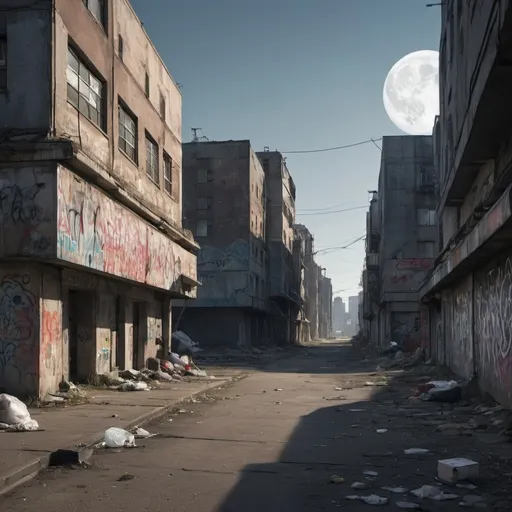 Prompt: A futuristic urban neighborhood in rundown condition. There is trash and graffiti. On the left side of the image there is a large wall running the length of the image. On the other side of the wall large, attractive, futuristic buildings can be seen. The street is devoid of people. It is late in the evening. Two moons can be seen on the horizon.