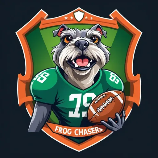 Prompt: (Burg),(Frog Chasers),(Fantasy football Team), schnauzer, bold design, vibrant colors, dynamic elements, modern typography, sharp lines, emblematic shield shape, creative use of football imagery, striking contrast, high-detail illustration, fantasy-inspired motifs, energetic visuals, professional quality, attention to detail, appealing to sports enthusiasts