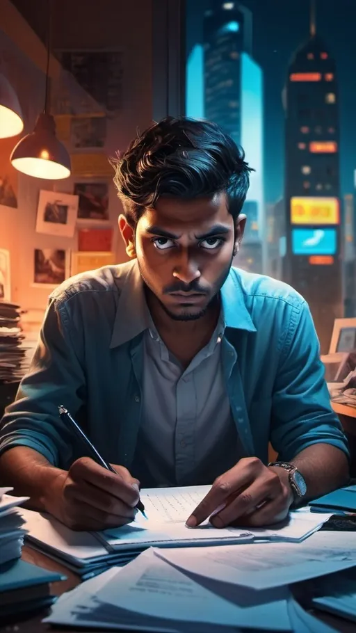 Prompt: A highly detailed and cinematic digital painting of Cyril Rolando, a 25-32-year-old Indian man. He is seated at a cluttered desk, covered in papers, with a calculator and pen in hand. His intense gaze and furrowed brow convey his analytical nature. The background reveals a blurred cityscape, with glimmers of neon lights adding depth to the scene. The overall atmosphere is a blend of concentration and tension., cinematic