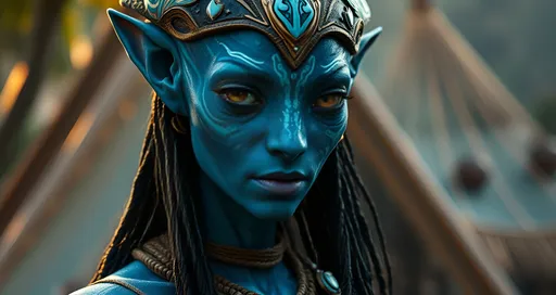 Prompt: real close up shot of Zoe Saldana as Neytiri, the Na'vi character from Avatar: The Way of Water Na'vi blue skin , wet, rain, long hairs, sHe should have striking blue skin with bioluminescent markings, a strong and athletic build, and distinctive Na'vi features like large, expressive eyes and pointed ears. sHe should be dressed in his Na'vi warrior attire, with a blend of natural materials  standing in front of The Metkayina Village ( triangular woven structure with a turquoise blue sheath on the exterior, which beautifully corresponds with the ocean, an analogy of the sea welcoming them to their new home. 
The village, designed as suspended from the roots of monumental mangrove-like trees, demonstrates how well the Na’vi integrate with their environment. Their communal spaces, walkways, and tarps exhibit tensile membrane architecture; and their homes- the Marui- are woven wasp-net-like structures. The designers were inspired by the coastal communities throughout the South Pacific, especially in Polynesia, Malaysia, and Indonesia. 
) cinematic golden hour analog 24mm f1.8 ultra  wide, real, fujifilm, raw skin, grey , avatar way of water