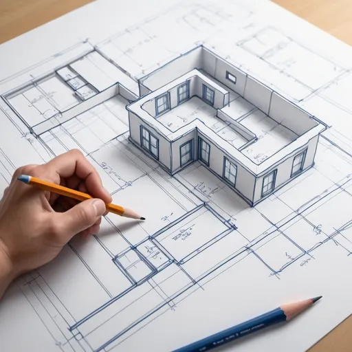 Prompt: Create a hand-drawn, whiteboard-style illustration of a rolled-out blueprint on a clean, white background. The blueprint should display basic outlines of a small simple home floor plan (but only the floor plan foundation and not the walls or building). Above the blueprint, show a hand holding a pencil, sketching the first lines of a structure. The blueprint's lines should be precise and evoke a sense of careful planning. The scene should feel like the beginning of something grand, symbolizing the early stages of business creation.