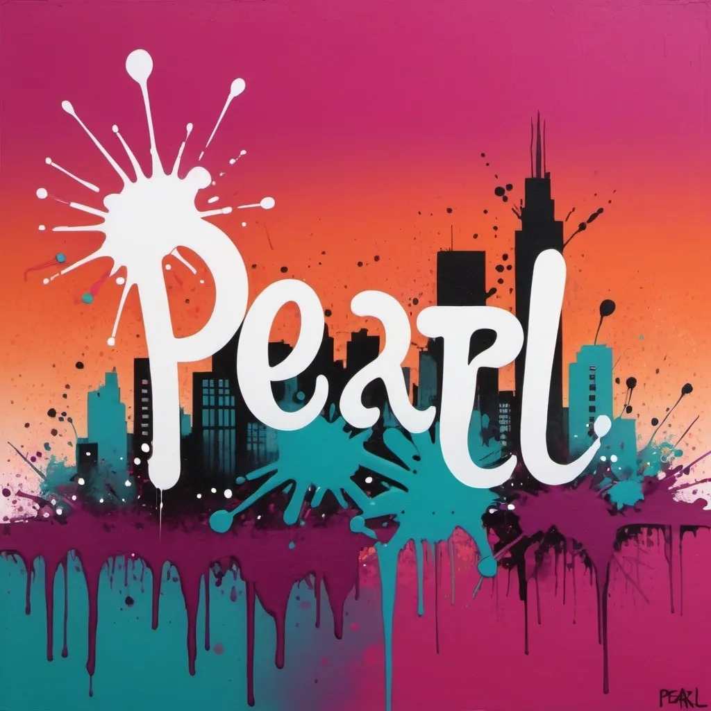 Prompt: Graffiti, splatter painting of city-life, magenta and orange gradient background, small white dots and teal
With the word "pearl" in the center in script font