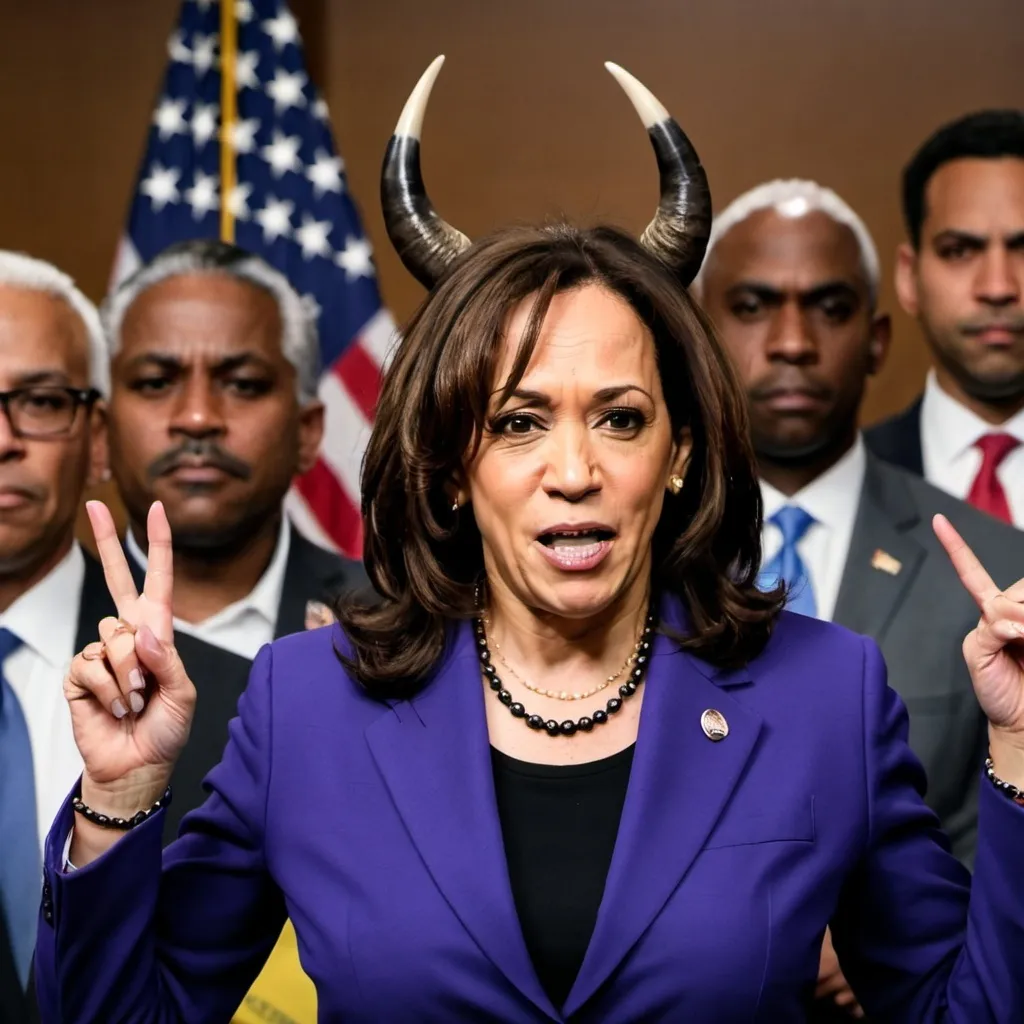 Prompt: kamala harris with with horns, black Americans with horns in background.