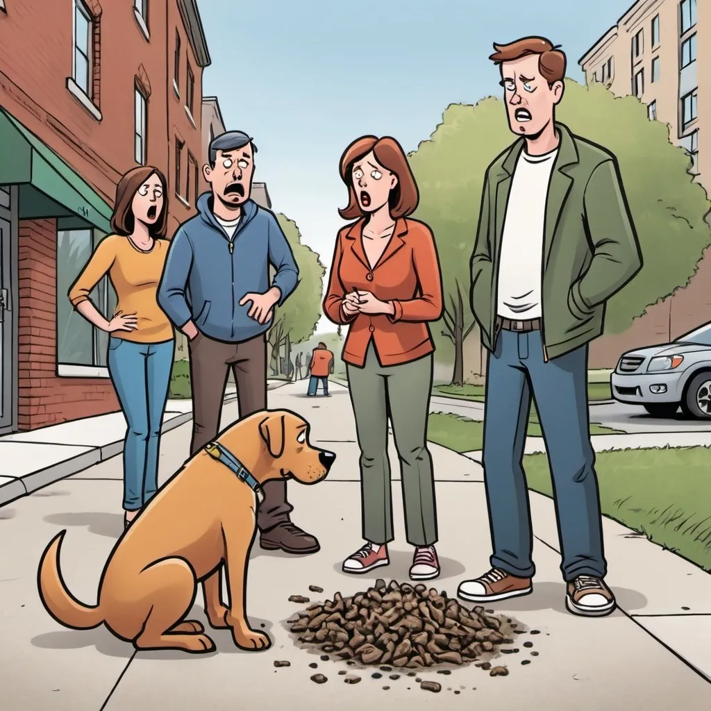 Prompt: Cartoon image of people disgusted at dog waste on a sidewalk