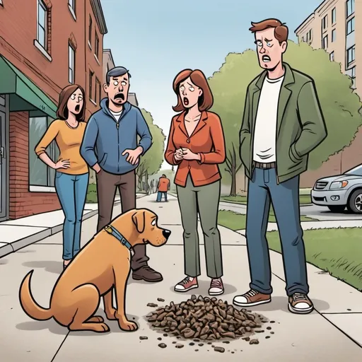 Prompt: Cartoon image of people disgusted at dog waste on a sidewalk