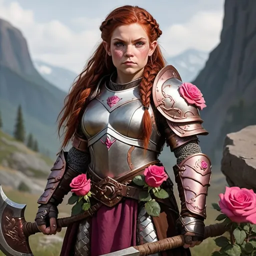 Prompt: Female Dwarf, 4’5 feet tall, Long braided dark brown red hair with dark pink, hazel green eyes, silver armor with dark pink accents and a giant rose gold axe