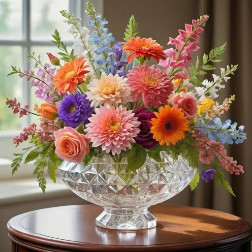 Prompt: Exquisite arrangement of colorful flowers in a crystal vase, beautifully illuminated, high-quality, realistic, elegant, floral centerpiece, vibrant, still life ,delicate petals, fragrant blossoms, intricate details, fresh-cut, artistic composition, nature-inspired, indoor decor.