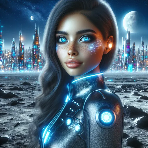 Prompt: ((civilization on the Moon), futuristic cityscape glowing under a starlit sky, (bright and advanced technology), a blonde model wearing sleek future clothing, captivating blue eyes, charming freckles, showcasing progress and innovation, vibrant colors, cool tones, (ultra-detailed), an atmosphere of hope and exploration, lunar landscape enriching the scene with a visionary ambiance, silver glitter accents reflecting in the light 