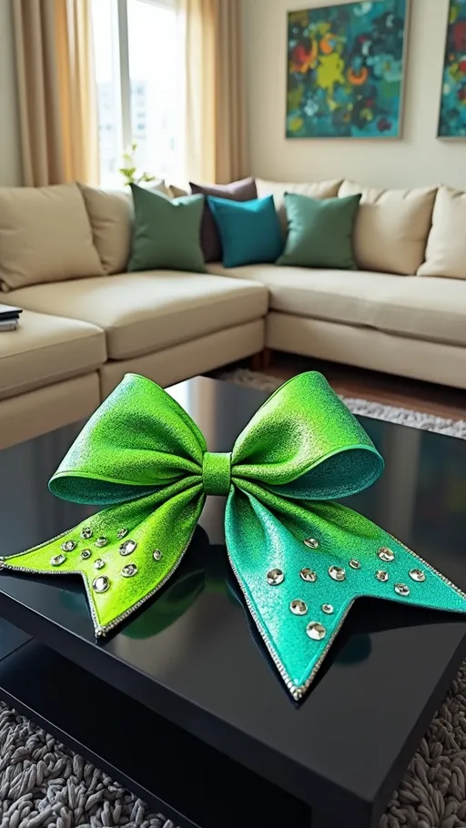 Prompt: Comic style, marker illustration, Realistic, hyperrealistic, detailed, glitter accents. A cheerleading bow with lime green and dark teal ribbons, studded with rhinestones, lies on a glossy black coffee table. The modern living space features cream walls, a plush gray rug, and abstract art, creating a sophisticated yet vibrant scene.