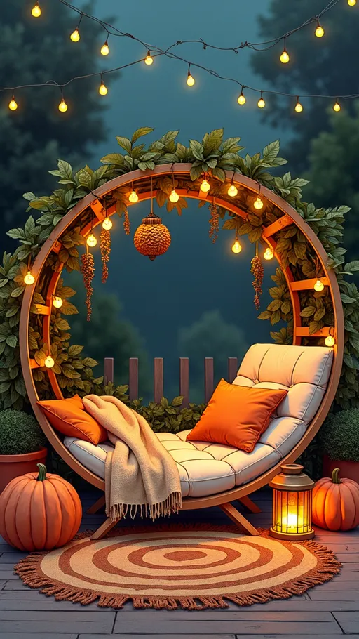 Prompt: Comic, marker illustration, detailed, illuminated accents, A whimsical outdoor setting features a circular lounge chair draped with a soft blanket and orange and brown cushions. It's framed by a lit arch adorned with fairy lights and hanging plants. A round rug, lanterns, and potted greenery complete the enchanting, cozy ambiance. Adorned with chic autumn decor