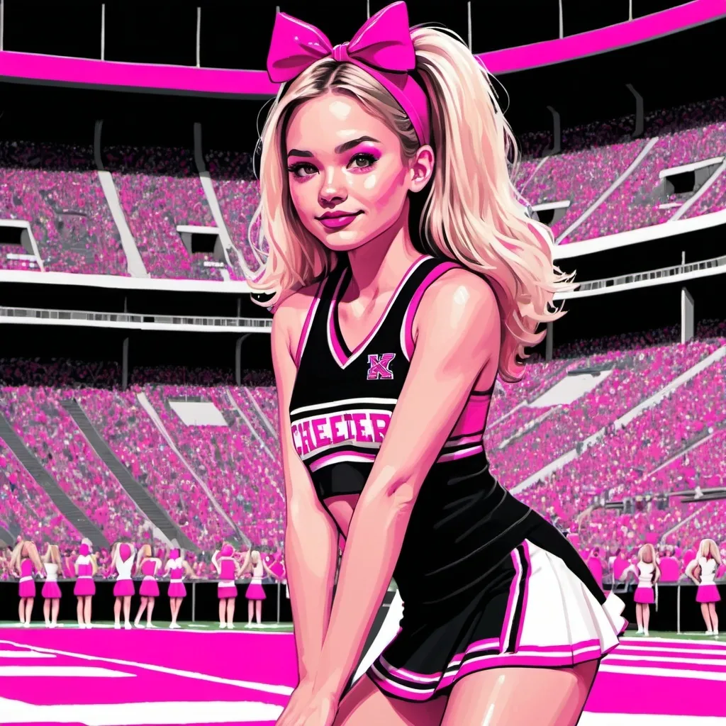 Prompt: cheerleader, teenager, neon pink, black, white, stadium, detailed