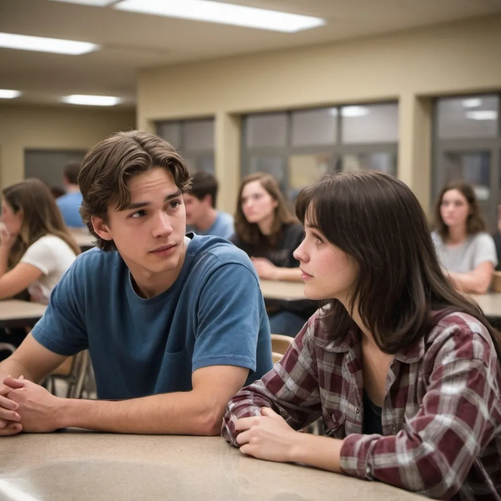 Prompt: A young couple, John and Lisa, sitting at a college cafeteria, deep in conversation, with other students in the background. They share a quiet connection, captured in the way they look at each other amidst the college chaos. 