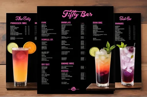 Prompt: Create a colorful drinks menu for a bar called "The FiftyFifty bar". The should include the following drinks only. "Dark'n'Stormy", "BFK Passinger", "Bramble", "Pinã Colada", "Moscow Mule", "Cape Cod", "GT traditional", "GT G-wine", "GT Mandarin", "Gin Hass".
All prices are 0,00.
