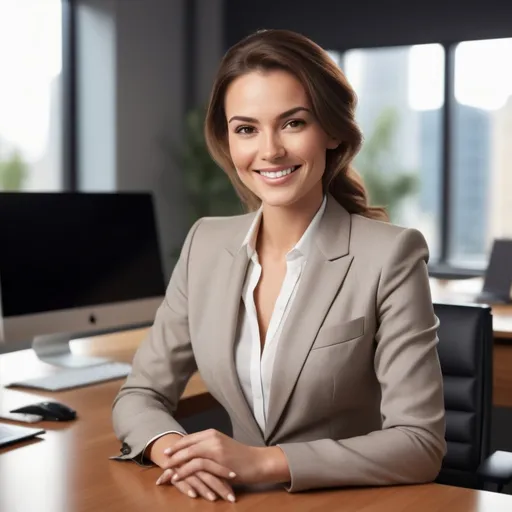 Prompt: (photorealistic), a woman (smiling) confidently sitting at a modern desk, dressed in a stylish business suit, warm and inviting atmosphere, soft office lighting illuminating the scene, contemporary office background with elegant decor, (highly detailed), conveying professionalism and approachability, vibrant color tones, showcasing determination and success.