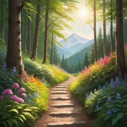 Prompt: Create an image of a serene, sunlit path winding through a lush green forest. The path is lined with vibrant flowers and tall, strong trees, symbolizing growth, positivity, and the journey of life. Rays of sunlight filter through the trees, casting a warm and inviting glow on the path. In the background, faint silhouettes of mountains can be seen, representing goals and aspirations. The overall scene should evoke a sense of tranquility, purpose, and direction, embodying the idea of choosing the right paths in life for a better future