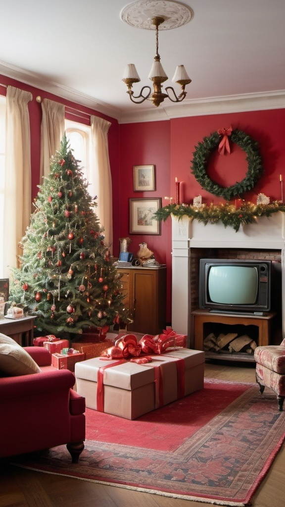 Prompt: Create a nostalgic living room scene from the late 1980s to early 199ps during Christmas time featuring is a Television set prominent in the image. A Christmas tree decorated with colorful ornaments and tinsel stands nearby with presents scattered underneath. There is a big red rug on the floor, The walls have william morris style red floral pattern wall paper, and the window is covered with light curtains. The overall vibe should evoke a warm, vintage holiday atmosphere with a soft and muted color palette.