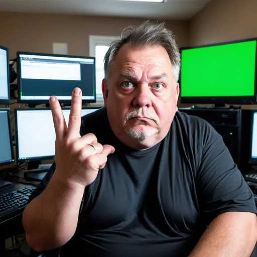 Prompt: Man, 60 years old, with an dark haired undercut, round faced, green eyes. 100 lbs overweight. Sitting in front of his elaborate computer setup.  Looking at the viewer, projecting his middle finger into the air in the foreground.