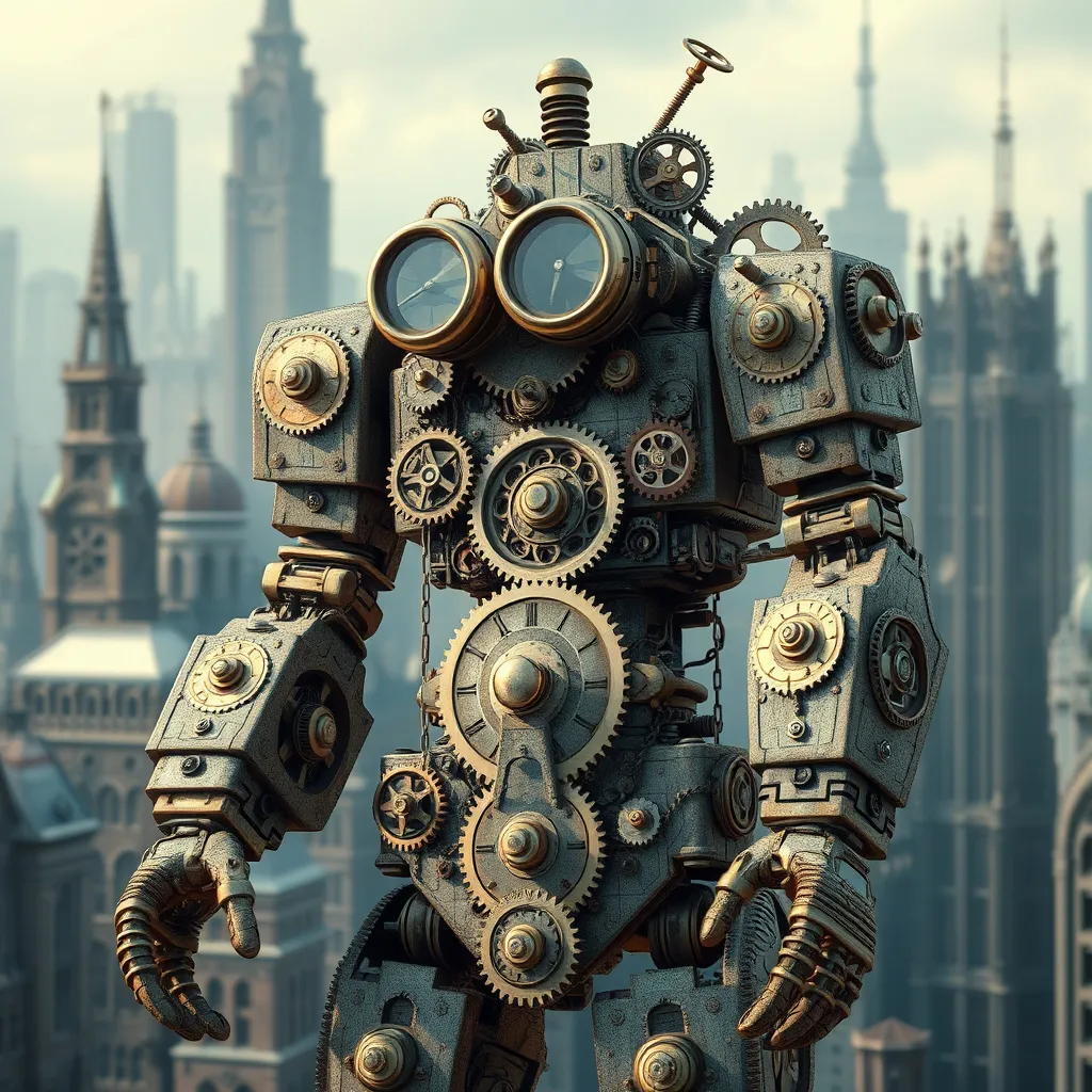 Prompt: Clockwork robot, intricate arrangement of gears, sprockets, timing chains, wheels, levers, goggles for eyes, oversized clockwork hands, standing in a clockwork city