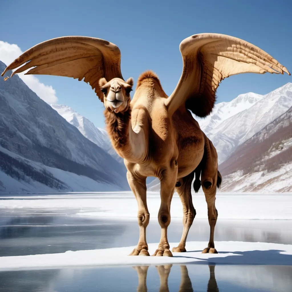 Prompt: creates the image of a camel with wings spitting fire from its snout on a frozen lake in the mountains