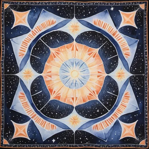 Prompt: a 35 x 35 inch scarf for my friends. this scarf would have a repeating design in each quadrant. Each repeated design will be turned 45 degrees.
This repeated design will have the Virgo constellation stars. The scarf will have a intricate border of multiple colors. 
No people or buildings are present in the image.
Gouache Watercolor.