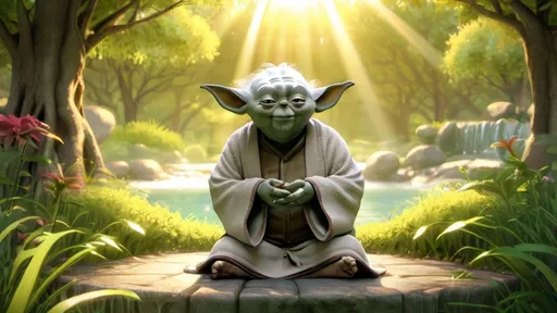 Prompt: (accurately spelled text "welcome to the green side"), master Yoda in a serene greenish landscape, sitting peacefully, vibrant foliage surrounding, warm, welcoming atmosphere, lush details, soft sunlight filtering through leaves, magical aura, whimsical setting, high detail, 4K resolution, enchanting and inviting ambiance. Need to have the following text written on the image with a font like star wars: Welcome to the green side