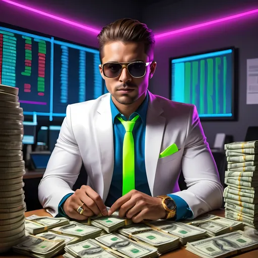 Prompt: dynamic stock trader, (trendy swag), surrounded by piles of cash, confident stance, stylish outfit, sleek sunglasses, neon-lit office background, (vibrant colors), high energy, luxurious ambiance, ultra-detailed, HD, modern and captivating, conveying success and wealth.