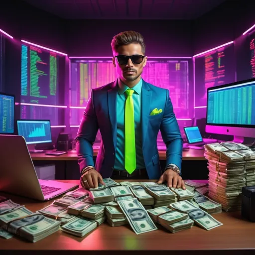 Prompt: dynamic stock trader, (trendy swag), surrounded by piles of cash, confident stance, stylish outfit, sleek sunglasses, neon-lit office background, (vibrant colors), high energy, luxurious ambiance, ultra-detailed, HD, modern and captivating, conveying success and wealth.