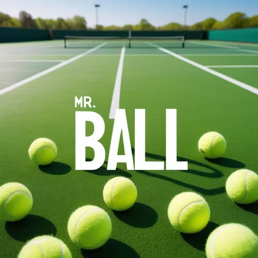 Prompt: (accurately spelled text "Mr Ball"), vibrant YouTube banner, (bright and cheerful) aesthetic, eye-catching design, featuring scattered tennis balls, expansive green fields as a backdrop, reminiscent of a refreshing spring day, crisp and clean layout, high resolution, modern typography, inviting atmosphere, engaging color palette that draws attention.