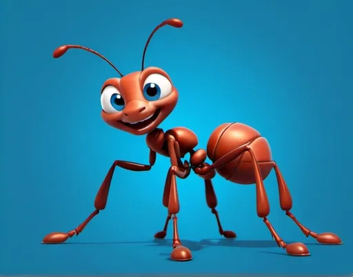 Prompt: a cartoon ant ant with a big smile on its face and legs, standing on a blue background with a shadow, Andries Stock, antipodeans, animation, an ambient occlusion render