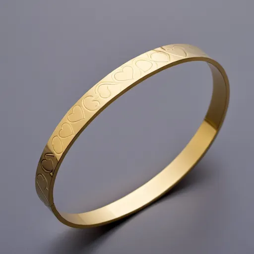 Prompt: A gold bangle made from a flat strip of shiny yellow gold. The bangle is 70mm in diameter, 10mm wide and the strip is 0.8mm thick. This bangle has a rich engraved love heart pattern repeated across it's full surface.