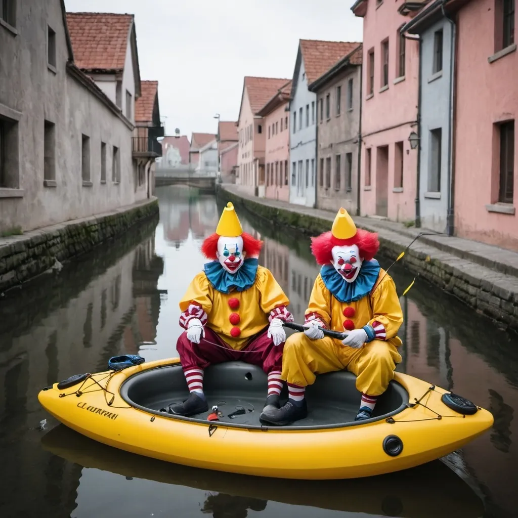 Prompt: Two clowns fishing in an old town 106 MK kayak.

Stupid looks on their faces
Losing a bet
Catch a stick and a tire
Look stupider
Have a pathetic blow up fish in one hand