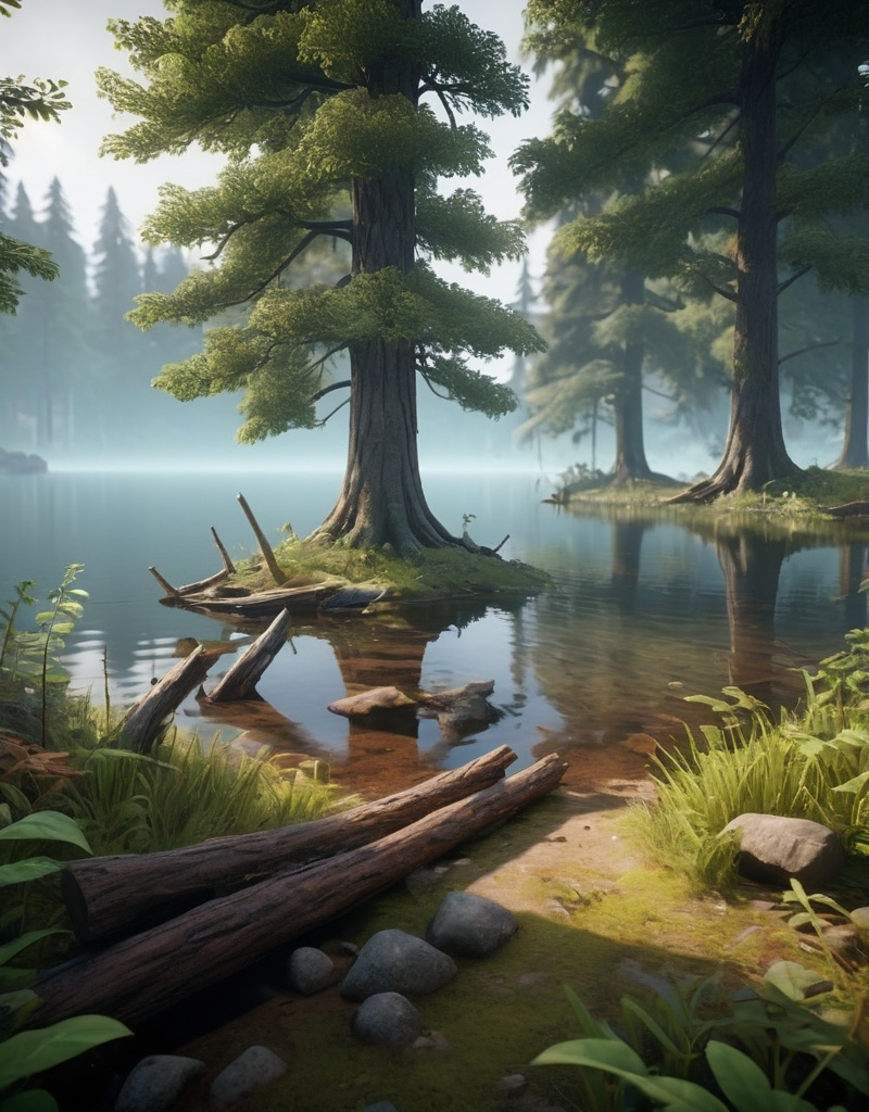 Prompt: a mysterious forest next to a lake, high quality, unreal engine