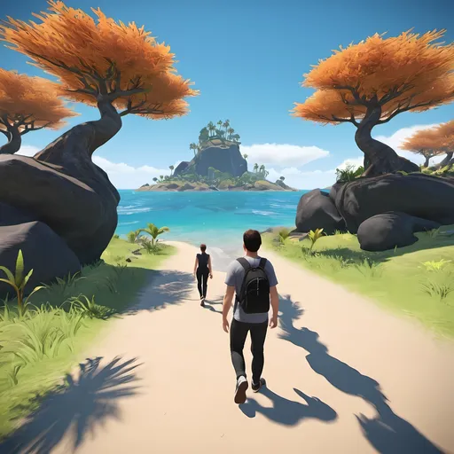 Prompt: metaverse experience walking through an island 
