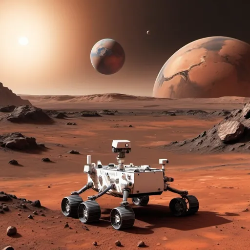 Prompt: 
realistic image.

Creates a landscape of Mars with planet Earth in the background and a rover in the background