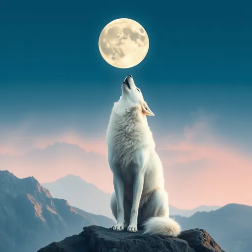 Prompt: A white wolf sitting on a mountain and howling to the full moon above 