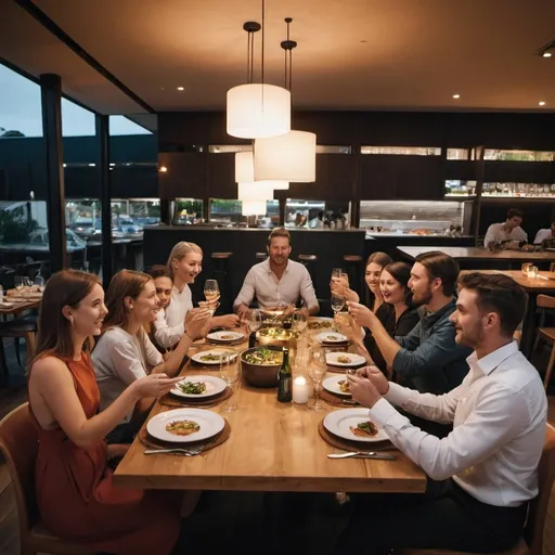 Prompt: a group of 8 people eating dinner in a modern restaurant in australia