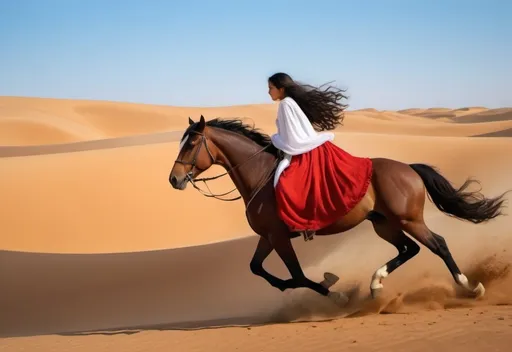 Prompt: "I want to create an image of a girl with long, curly black hair and a tan skin tone, wearing a white dress and a white veil covering her face. She is riding a brown horse with a red bridle, running lightly with sand flying around them in a desert with a well and wooden houses."
