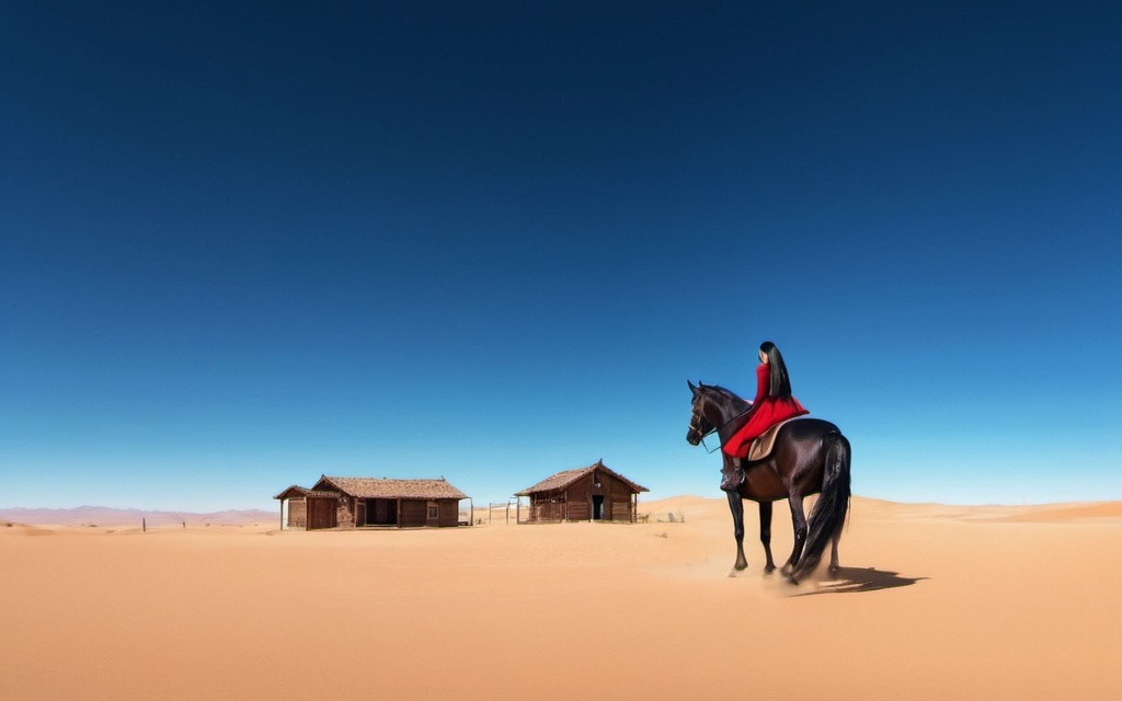 Prompt: I want to create an image of a girl with long, silky black hair, wearing a mask, riding a brown horse with a red bridle, in a desert with a well and wooden houses.






