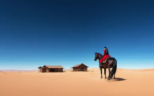 Prompt: I want to create an image of a girl with long, silky black hair, wearing a mask, riding a brown horse with a red bridle, in a desert with a well and wooden houses.






