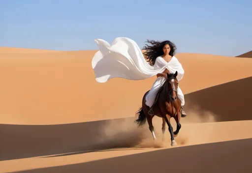 Prompt: "I want to create an image of a girl with long, curly black hair and a tan skin tone, wearing a white dress and a white veil covering her face. She is riding a brown horse with a red bridle, running lightly with sand flying around them in a desert with a well and wooden houses."
