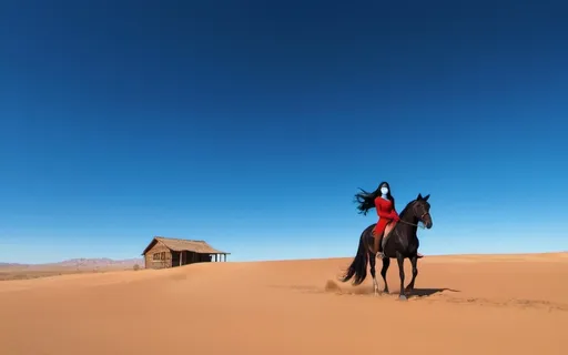 Prompt: I want to create an image of a girl with long, silky black hair, wearing a mask, riding a brown horse with a red bridle, in a desert with a well and wooden houses.






